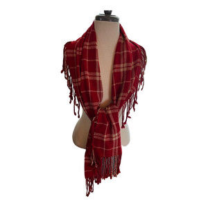| banana republic | Vintage Red Plaid Fringe Wool Scarf